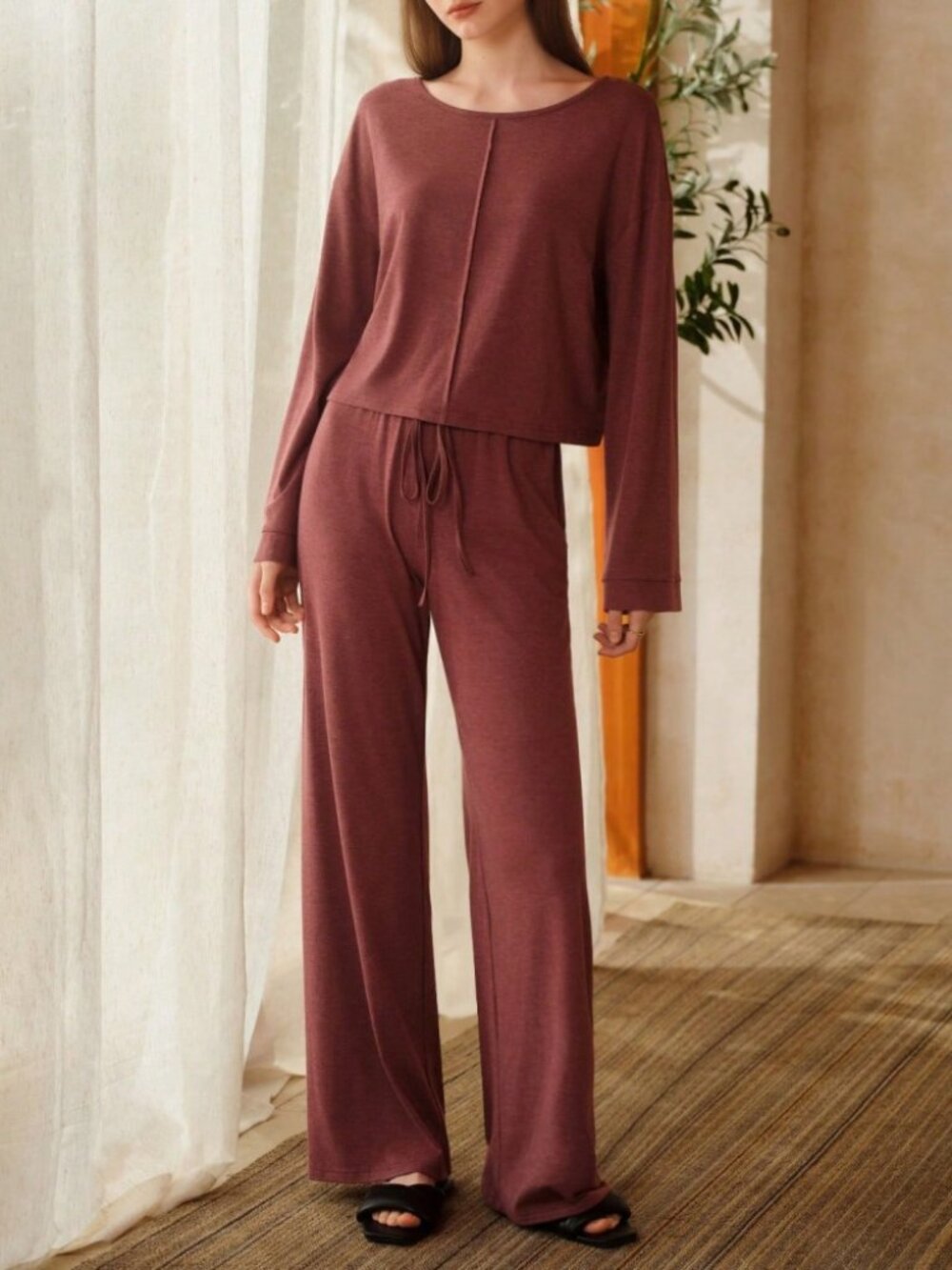 Rust Brown Heathered Top and Wide Leg Pants Lounge Pajama Set
